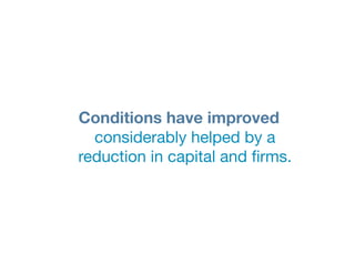 Conditions have improved
  considerably helped by a "
reduction in capital and ﬁrms.
 