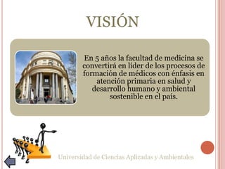 OBJETIVOS
El cuidado de la vida y de la salud
humana desde una perspectiva
biológica, psicológica y social, en las
dimensiones individual y colectiva.
Aplicar en el ámbito individual un
enfoque que abarque los niveles de
promoción de la salud, prevención de la
enfermedad, asistencia y rehabilitación.
Aplicar en el ámbito colectivo un
enfoque familiar, comunitario y
ambiental.
Universidad de Ciencias Aplicadas y Ambientales
 