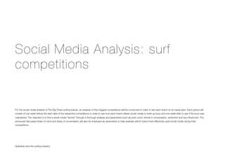 Social Media Analysis: surf
competitions
For the social media analysis of The Big Three surﬁng brands, an analysis of their biggest competitions will be conducted in order to see each brand on an equal plain. Each period will
consist of one week before the start date of the respective competitions in order to see how each brand utilizes social media to build up buzz and one week after to see if the buzz was
maintained. The objective is to ﬁnd a social media “winner” through a thorough analysis and parameters such as post count, trends in conversation, sentiment and top inﬂuencers. The
previously discussed share of voice and share of conversation will also be employed as parameters to help evaluate which brand most effectively used social media during their
competitions.
Quiksilver and the surﬁng industry
 