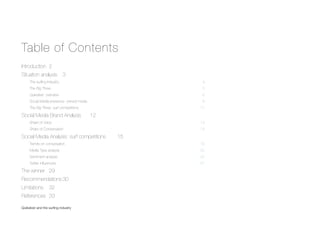 Table of Contents
Introduction
 2
Situation analysis
 3
The surﬁng Industry
 4
The Big Three
 5
Quiksilver: overview
 6
Social Media presence: owned media
 8
The Big Three: surf competitions
 11
Social Media Brand Analysis
 12
Share of Voice
 13
Share of Conversation
 14
Social Media Analysis: surf competitions
 15
Trends on conversation
 16
Media Type analysis
 20
Sentiment analysis 
 22
Twitter inﬂuencers 
 27
The winner
 29
Recommendations
30
Limitations
 32
References
 33
Quiksilver and the surﬁng industry
 