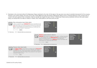 • Quicksilver is the only brand without the Mainstream News mentioned in the chart. At ﬁrst glance, this was seen as an area of potential improvement for the company.
However, upon further analysis, this was not the case. Firstly, Billabong’s high percentage of Mainstream News is due to a ﬁnancial takeover of the company that oc-
curred in the same period of their competition. Rip Curl actually has roughly the same number of Mainstream News posts as Quiksilver (329 and 365 posts respec-
tively), but because Rip Curl relies so heavily on Twitter, other media platforms with less posts are seen.
Quiksilver and the surﬁng industry
 