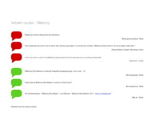 Verbatim quotes - Billabong
Quiksilver and the surﬁng industry
“Great heat at Billabong Pipe Master in memory of Andy Irons!”
@comidayvinos, Twitter
“Billabong Pipe Master’s is starting!! Sdagollbczreugbgawyubgx i can’t even.. <3”
@Kostaaaadaily, Twitter
“Se vieneeeeeeeeee... Billabong Pipe Master... Live Webcast - Billabong Pipe Masters 2012 - http://t.co/KyEkoesV”
@ﬂa_ks, Twitter
“Billabong Conﬁrms Naude Bid dlvr.it/2bGVLq”
@OrangeCountyNow, Twitter
“drop yesterday and will be one to watch after denying speculation of a production problem. Billabong shares will be in focus yet again today after...”
Global Markets Update, Mainstream News
“when you want to watch the #Billabong #pipemasters and the webcams are not working #hatemylife”
@darlutchu, Twitter
 