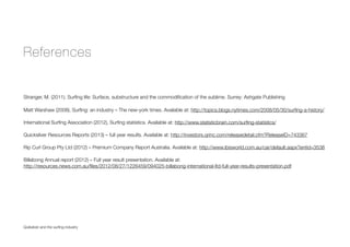 References
Stranger, M. (2011). Surﬁng life: Surface, substructure and the commodiﬁcation of the sublime. Surrey: Ashgate Publishing
Matt Warshaw (2008), Surﬁng: an industry – The new-york times. Available at: http://topics.blogs.nytimes.com/2008/05/30/surﬁng-a-history/
International Surﬁng Association (2012), Surﬁng statistics. Available at: http://www.statisticbrain.com/surﬁng-statistics/
Quicksilver Resources Reports (2013) – full year results. Available at: http://investors.qrinc.com/releasedetail.cfm?ReleaseID=743367
Rip Curl Group Pty Ltd (2012) – Premium Company Report Australia. Available at: http://www.ibisworld.com.au/car/default.aspx?entid=3538
Billabong Annual report (2012) – Full year result presentation. Available at:
http://resources.news.com.au/ﬁles/2012/08/27/1226459/094025-billabong-international-ltd-full-year-results-presentation.pdf
Quiksilver and the surﬁng industry
 
