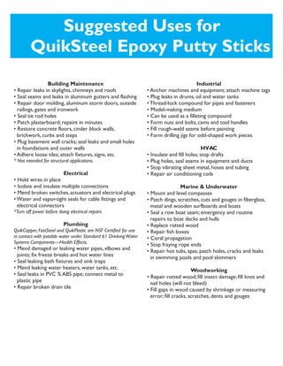 Suggested Uses for
        QuikSteel Epoxy Putty Sticks
                  Building Maintenance                                                    Industrial
• Repair leaks in skylights, chimneys and roofs                   • Anchor machines and equipment; attach machine tags
• Seal seams and leaks in aluminum gutters and flashing           • Plug leaks in drums, oil and water tanks
• Repair door molding, aluminum storm doors, outside              • Thread-lock compound for pipes and fasteners
  railings, gates and ironwork                                    • Model-making medium
• Seal tie rod holes                                              • Can be used as a filleting compound
• Patch plasterboard; repaint in minutes                          • Form nuts and bolts, cams and tool handles
• Restore concrete floors, cinder block walls,                    • Fill rough-weld seams before painting
  brickwork, curbs and steps                                      • Form drilling jigs for odd-shaped work pieces
• Plug basement wall cracks; seal leaks and small holes
  in foundations and outer walls                                                              HVAC
• Adhere loose tiles; attach fixtures, signs, etc.                • Insulate and fill holes; stop drafts
* Not intended for structural applications.                       • Plug holes, seal seams in equipment and ducts
                                                                  • Stop vibrating sheet metal, hoses and tubing
                          Electrical                              • Repair air conditioning coils
• Hold wires in place
• Isolate and insulate multiple connections                                       Marine & Underwater
• Mend broken switches, actuators and electrical plugs            • Mount and level compasses
• Water and vapor-tight seals for cable fittings and              • Patch dings, scratches, cuts and gouges in fiberglass,
  electrical connectors                                             metal and wooden surfboards and boats
*Turn off power before doing electrical repairs                   • Seal a row boat seam; emergency and routine
                                                                    repairs to boat decks and hulls
                          Plumbing                                • Replace rotted wood
QuikCopper, FastSteel and QuikPlastic are NSF Certified for use   • Repair fish boxes
in contact with potable water under Standard 61 Drinking Water    • Coral propagation
Systems Components—Health Effects.
                                                                  • Stop fraying rope ends
• Mend damaged or leaking water pipes, elbows and                 • Repair hot tubs, spas; patch holes, cracks and leaks
  joints; fix freeze breaks and hot water lines                     in swimming pools and pool skimmers
• Seal leaking bath fixtures and sink traps
• Mend leaking water heaters, water tanks, etc.                                          Woodworking
• Seal leaks in PVC % ABS pipe; connect metal to                  • Repair rotted wood; fill insect damage; fill knot and
  plastic pipe                                                      nail holes (will not bleed)
• Repair broken drain tile                                        • Fill gaps in wood caused by shrinkage or measuring
                                                                    error; fill cracks, scratches, dents and gouges
 