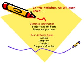 Sentence constructionSentence construction
Subject and predicate
Nouns and pronouns
Four sentence typesFour sentence types
Simple
Compound
Complex
Compound-Complex
In this workshop, we will learn
about....
 
