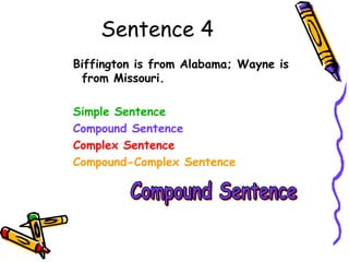 Sentence 4
Biffington is from Alabama; Wayne is
from Missouri.
Simple Sentence
Compound Sentence
Complex Sentence
Compound-Complex Sentence
 