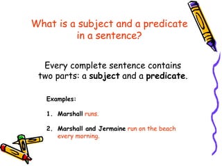 What is a subject and a predicate
in a sentence?
Every complete sentence contains
two parts: a subject and a predicate.
Examples:
1. Marshall runs.
2. Marshall and Jermaine run on the beach
every morning.
 