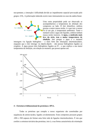 neo-pentano, a interação é dificultada devido ao impedimento espacial provocado pelo
grupos -CH3. A polarização induzida ocorre mais intensamente no caso da cadeia linear.

                                     Uma outra propriedade pode ser observada se
                                     acompanharmos a temperatura de ebulição dos
                                     compostos ao lado. O éter dimetílico, embora
                                     possua a maior massa molar, é o que tem a menor
                                     Te (é um gás, à temperatura ambiente). Tanto o
                                     metanol como a água são líquidos, embora tenham
                                     massa molar menores. A água, a molécula mais
                                     leve da série, tem a maior temperatura de
                                     ebulição. Isto porque a água e o metanol
interagem via ligação hidrogênio – a mais forte das interações intermoleculares,
enquanto que o éter interage via dipolo-dipolo – não possue hidrogênios ligados ao
oxigênio. A água possui dois hidrogênios ligados ao O – o que explica a sua maior
temperatura de ebulição, em relação ao metanol, que possui apenas um.




4 – Estrutura tridimensional de proteínas e DNA.

       Todas as proteínas que compõe o nosso organismo são constituídas por
sequências de amino-ácidos, ligados covalentemente. Estes compostos possuem grupos
-OH e -NH capazes de formar uma forte rede de ligações intermoleculares. É isto que
confere a estrutura terciária das proteínas, isto é, a sua forma característica de orientação
 