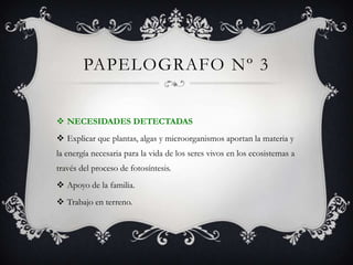 PAPELOGRAFO Nº 3


 NECESIDADES DETECTADAS
 Explicar que plantas, algas y microorganismos aportan la materia y
la energía necesaria para la vida de los seres vivos en los ecosistemas a
través del proceso de fotosíntesis.
 Apoyo de la familia.
 Trabajo en terreno.
 