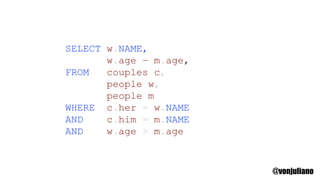 SELECT w.NAME,
w.age m.age,
FROM couples c,
people w,
people m
WHERE c.her = w.NAME
AND c.him = m.NAME
AND w.age > m.age
@vonjuliano