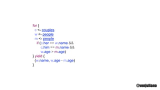 quote {
for {
c <- couples
w <- people
m <- people
if (c.her == w.name &&
c.him == m.name &&
w.age > m.age)
} yield {
(w.name, w.age - m.age)
}
}
@vonjuliano