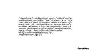 FlatMap(Entity(Couple,None,List()),Ident(c),FlatMap(Entity(Per
son,None,List()),Ident(w),Map(Filter(Entity(Person,None,List()),
Ident(m),BinaryOperation(BinaryOperation(BinaryOperation(Pr
operty(Ident(c),her),==,Property(Ident(w),name)),&&,BinaryOp
eration(Property(Ident(c),him),==,Property(Ident(m),name))),&
&,BinaryOperation(Property(Ident(w),age),>,Property(Ident(m),
age)))),Ident(m),Tuple(List(Property(Ident(w),name),
BinaryOperation(Property(Ident(w),age),-
,Property(Ident(m),age)))))))
@vonjuliano