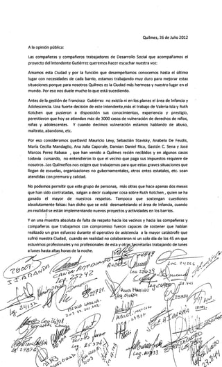 Quilmes Carta de Apoyo a la Secretaria de Desarrollo Social - 26/07/12