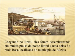 Chegando no Brasil eles foram desembarcando em muitas praias do nosso litoral e uma delas é a praia Rasa localizada do município de Búzios .  