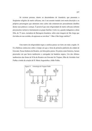 107
Se existem pessoas, dentre os descendentes de Anastácia, que passaram a
freqüentar religiões de matriz africana, isto é um assunto tratado com muita discrição e os
próprios personagens que adotaram estes cultos não relataram-nos pessoalmente detalhes
destas suas práticas e crenças. É possível que esta religiosidade de matriz africana enfrente
preconceitos inclusive internamente ao grupo familiar. Certa vez, quando indagamos a dona
Dila, de 75 anos, moradora de Barragem-Anastácia, sobre uma imagem de São Jorge que
ela tinha em sua cozinha, ela apressou-se em dizer “- Mas é São Jorge católico!”.

Esta matriz de religiosidade negra e católica parece ser forte em toda a região. D.
Eva Barbosa contou-nos sobre o tempo em que a festa da primeira padroeira da cidade de
Gravataí, Nossa Senhora do Rosário, era feita pelos pretos. Os pretos eram festeiros, faziam
procissões em que havia tamboreiro e carregador da bandeira negros. Um dos últimos
tamboreiros das festas de N.Sa do Rosário em Gravataí foi Trajano, filho de Aristides José
Fialho e irmão de criação de D. Maria Augustinha e Adão Fialho.
Figura 51 : Genealogia de Trajano Fialho

 