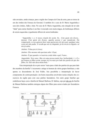 68

sido enviados, ainda crianças, para a região dos Campos de Cima da serra, para as terras de
um dos irmãos dos Fonseca de Gravataí. E também foi o caso de D. Maria Augustinha e
seus dois irmãos, Adão e João. No caso de D. Maria Augustinha, esta situação de ter sido
“dada” para outras famílias é um fato vivenciado com muita mágoa, de lembranças difíceis
de serem esquecidas e igualmente difíceis de serem lembradas:
“Augustinha: (...) A nossa criação foi assim. Se... Com quem nós ficava...
(pensa). Com quem nós ficasse, aquelas pessoa é que mandavam. Em
comparação, se nos quisesse fazer uma queixa pra ele (pro pai), qualquer uma
coisa nós não podia. À vereda que nós ia chegando, já ele torcia os bigode e aí
nós já sabia.
Antônio: Tchau pra ti (risos).
Antônio: Eles mesmos não queriam saber. O pai,
Antônio: É que quando a vó morreu a mãe tinha o quê, 9 anos..
Augustinha: Nove anos. Mas era uma pessoa muito boa, barbaridade. (...) E o
pai largou os filhos assim, porque ele era mais pro lado dos patrão do que dos
filhos, né. Eles não dava muita bola.”
Esta interpretação de os pais serem “mais para o lado dos patrões do que para lado
dos membros da família” é recorrente e atinge os homens de vários grupos familiares, e não
apenas os descendentes de José Fialho. Isto possibilita a interpretação de haver
componentes de contra-prestação e de honra masculina envolvidos nestas relações dos exescravos da região para com seus patrões fazendeiros. Em outro grupo familiar que
estabeleceu laços com a família de Manuel Barbosa, D. Idalina, cujo pai não era da família
de Manuel Barbosa também entregou alguns dos filhos para serem criados por fazendeiros
Fonseca.

Figura 1 5 :

Ascendentes de Idalina Barbosa da Silva

.

 