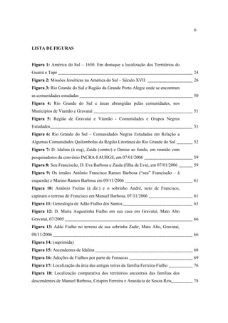 6

LISTA DE FIGURAS

Figura 1: América do Sul – 1650. Em destaque a localização dos Territórios do
Guairá e Tape

24

Figura 2: Missões Jesuíticas na América do Sul – Século XVII

26

Figura 3: Rio Grande do Sul e Região da Grande Porto Alegre onde se encontram
as comunidades estudadas

50

Figura 4: Rio Grande do Sul e áreas abrangidas pelas comunidades, nos
Municípios de Viamão e Gravataí

51

Figura 5: Região de Gravataí e Viamão - Comunidades e Grupos Negros
Estudados

51

Figura 6: Rio Grande do Sul – Comunidades Negras Estudadas em Relação a
Algumas Comunidades Quilombolas da Região Litorânea do Rio Grande do Sul

52

Figura 7: D. Idalina (à esq), Zaida (centro) e Denise ao fundo, em reunião com
pesquisadores da convênio INCRA-FAURGS, em 07/01/2006

59

Figura 8: Seu Franciscão, D. Eva Barbosa e Zaida (filha de Eva), em 07/01/2006

59

Figura 9: Os irmãos Antônio Francisco Ramos Barbosa (“seu” Franciscão – à
esquerda) e Marino Ramos Barbosa em 09/11/2006

61

Figura 10: Antônio Freitas (à dir.) e o sobrinho André, neto de Francisco,
capinam o terreno de Francisco em Manuel Barbosa, 07/11/2006

61

Figura 11: Genealogia de Adão Fialho dos Santos

63

Figura 12: D. Maria Augustinha Fialho em sua casa em Gravataí, Mato Alto
Gravataí, 07/2005

66

Figura 13: Adão Fialho no terreno de sua sobrinha Zadir, Mato Alto, Gravataí,
08/11/2006

66

Figura 14: (suprimida)
Figura 15: Ascendentes de Idalina

68

Figura 16: Adoções de Fialhos por parte de Fonsecas

69

Figura 17: Localização da área das antigas terras da família Ferreira-Fialho

76

Figura 18: Localização comparativa dos territórios ancestrais das famílias dos
descendentes de Manuel Barbosa, Crispim Ferreira e Anastácia de Souza Reis

78

 