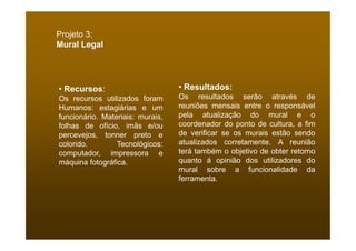Projeto 3:
Mural Legal




• Recursos:                       • Resultados:
Os recursos utilizados foram      Os resultados serão através de
Humanos: estagiárias e um         reuniões mensais entre o responsável
funcionário. Materiais: murais,   pela atualização do mural e o
folhas de ofício, imãs e/ou       coordenador do ponto de cultura, a fim
percevejos, tonner preto e        de verificar se os murais estão sendo
colorido.        Tecnológicos:    atualizados corretamente. A reunião
computador, impressora e          terá também o objetivo de obter retorno
máquina fotográfica.              quanto á opinião dos utilizadores do
                                  mural sobre a funcionalidade da
                                  ferramenta.
 