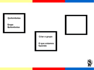 Quilombolas 
Grupo 
Quilombolas 
Criar o grupo 
O que estamos 
fazendo 
 