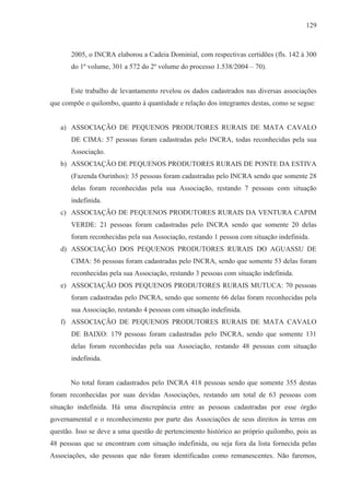 129



       2005, o INCRA elaborou a Cadeia Dominial, com respectivas certidões (fls. 142 à 300
       do 1º volume, 301 a 572 do 2º volume do processo 1.538/2004 – 70).


       Este trabalho de levantamento revelou os dados cadastrados nas diversas associações
que compõe o quilombo, quanto à quantidade e relação dos integrantes destas, como se segue:


   a) ASSOCIAÇÃO DE PEQUENOS PRODUTORES RURAIS DE MATA CAVALO
       DE CIMA: 57 pessoas foram cadastradas pelo INCRA, todas reconhecidas pela sua
       Associação.
   b) ASSOCIAÇÃO DE PEQUENOS PRODUTORES RURAIS DE PONTE DA ESTIVA
       (Fazenda Ourinhos): 35 pessoas foram cadastradas pelo INCRA sendo que somente 28
       delas foram reconhecidas pela sua Associação, restando 7 pessoas com situação
       indefinida.
   c) ASSOCIAÇÃO DE PEQUENOS PRODUTORES RURAIS DA VENTURA CAPIM
       VERDE: 21 pessoas foram cadastradas pelo INCRA sendo que somente 20 delas
       foram reconhecidas pela sua Associação, restando 1 pessoa com situação indefinida.
   d) ASSOCIAÇÃO DOS PEQUENOS PRODUTORES RURAIS DO AGUASSU DE
       CIMA: 56 pessoas foram cadastradas pelo INCRA, sendo que somente 53 delas foram
       reconhecidas pela sua Associação, restando 3 pessoas com situação indefinida.
   e) ASSOCIAÇÃO DOS PEQUENOS PRODUTORES RURAIS MUTUCA: 70 pessoas
       foram cadastradas pelo INCRA, sendo que somente 66 delas foram reconhecidas pela
       sua Associação, restando 4 pessoas com situação indefinida.
   f) ASSOCIAÇÃO DE PEQUENOS PRODUTORES RURAIS DE MATA CAVALO
       DE BAIXO: 179 pessoas foram cadastradas pelo INCRA, sendo que somente 131
       delas foram reconhecidas pela sua Associação, restando 48 pessoas com situação
       indefinida.


       No total foram cadastrados pelo INCRA 418 pessoas sendo que somente 355 destas
foram reconhecidas por suas devidas Associações, restando um total de 63 pessoas com
situação indefinida. Há uma discrepância entre as pessoas cadastradas por esse órgão
governamental e o reconhecimento por parte das Associações de seus direitos às terras em
questão. Isso se deve a uma questão de pertencimento histórico ao próprio quilombo, pois as
48 pessoas que se encontram com situação indefinida, ou seja fora da lista fornecida pelas
Associações, são pessoas que não foram identificadas como remanescentes. Não faremos,
 
