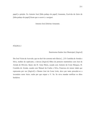 211



papel] a petição. Eu Antonio José [falta pedaço do papel] Amarante, Escrivão do Juízo de
[falta pedaço do papel] ficam que o escrevi, e assignei.


                               Antonio José Zeferino Amarante.




PÁGINA 2


                                                  Ilustríssimo Senhor Juiz Municipal, [ilegível]


Diz José Vieira de Azevedo, que no dia 8 do corrente mês falecia [...] D. Custódia de Arruda e
Silva, mulher do suplicante, e deixou [ilegível] filhos do primeiro matrimônio com José de
Arruda de Oliveira. Quais são D. Anna Maria, casada com Antonio da Costa Marques, D.
Custódia de Arruda, casada com Manuel da Cunha e Silva, Francisca de menor idade que
representa por seu [ilegível] o Doutor José da Costa Leite; deve por tanto proceder-se a
inventário neste Juízo, razão por que requer a V. Sa. Se sirva mandar notificar os ditos
herdeiros
 
