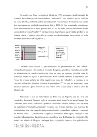 81



            De acordo com Rosa, no início da década de 1790 aconteceu a implementação da
ocupação do território por ele denominado de “área central”, uma tendência que se verificou
até o ano de 1883, conforme análise realizada em 58 requerimentos de sesmaria para aquela
área que apontavam a referida ocupação no lustro 1790-94. Este pesquisador contata que,
nesta área compreendida a norte “pelo rio Pari e a sul por linha entre as confluências Bento
Gomes/Landi e Cocais/Cuiabá”152, ocorreu intensa diversificação de atividades produtivas na
lavoura, criação e, também, mineração, apontando a predominância da lavoura sobre a criação
e também a mineração. (Vide gráfico 1).



                                                       Gráfico 1:
                                                       Atividades
                                                       produtivas
                                                       área central
                                                       no lustro
                                                       1790/94




            Conforme esses estudos, a agro-manufatura era predominante na “área central”
principalmente aquelas relacionadas à produção de açúcar, aguardente e rapadura, incidindo
no aparecimento de grandes benfeitorias como as casas de engenho, fornalha, casa de
alambique, tendas de açúcar e paiol/armazém. Rosa salienta, também, a importância das
“casas de vivenda coberta de telha (registrou-se uma, de ‘sobrado’), as senzalas e os
canaviais, milharais e laranjais, cercados de pau-a-pique”.153 No que nos interessam, essas
pesquisas apontam a parte noroeste da área central como o local onde se situa as terras de
Mata Cavalo.


            Analisando o caso da transferência de João José de Siqueira, que até 1845 era
proprietário da área da Sesmaria onde se encontra o atual Mata Cavalo, para Chapada dos
Guimarães, onde passa a dedicar-se à produção canavieira e também, cafeeira, Rosa encontra
um significativo “momento conjuntural” conforme suas próprias palavras. Esse momento da
história indica uma crise na produção agro-manufatureira e agrícola na região de Livramento
no decênio 1862-72. Concomitante à depressão econômica desta região, verificou-se um
considerável aquecimento da economia em expansão na área da Chapada dos Guimarães. De
acordo com o Barão de Melgaço, citado por Rosa, a população escrava – principal indicador
152
      Rosa, Carlos Alberto et alii. Op. Cit. P. 39.
153
      Rosa, Carlos Alberto et alii. Op. Cit.. P. 41.
 