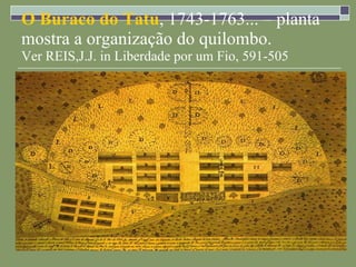 O Buraco do Tatu , 1743-1763... – planta mostra a organização do quilombo.  Ver REIS,J.J. in Liberdade por um Fio, 591-505 