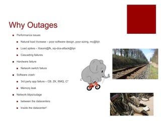 Why Outages
? Performance issues
? Natural load increase C poor software design, poor sizing, mc@bjn
? Load spikes C Xiaomi@fk, sip-dos-attack@bjn
? Cascading failures
? Hardware failure
? Network switch failure
? Software crash
? 3rd party app failure C CB, ZK, RMQ, C*
? Memory leak
? Network blips/outage
? between the datacenters
? Inside the datacenter!
 