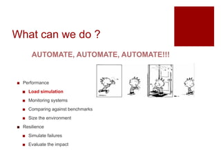 What can we do ?
? Performance
? Load simulation
? Monitoring systems
? Comparing against benchmarks
? Size the environment
? Resilience
? Simulate failures
? Evaluate the impact
AUTOMATE, AUTOMATE, AUTOMATE!!!
 