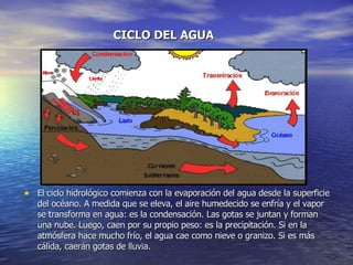 El ciclo hidrológico comienza con la evaporación del agua desde la superficie del océano. A medida que se eleva, el aire humedecido se enfría y el vapor se transforma en agua: es la condensación. Las gotas se juntan y forman una nube. Luego, caen por su propio peso: es la precipitación. Si en la atmósfera hace mucho frío, el agua cae como nieve o granizo. Si es más cálida, caerán gotas de lluvia. CICLO DEL AGUA   