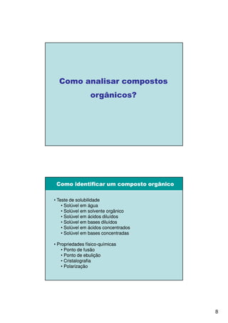 Como analisar compostos
                 orgânicos?




 Como identificar um composto orgânico

• Teste de solubilidade
    • Solúvel em água
    • Solúvel em solvente orgânico
    • Solúvel em ácidos diluídos
    • Solúvel em bases diluídos
    • Solúvel em ácidos concentrados
    • Solúvel em bases concentradas

• Propriedades físico-químicas
                 físico-
    • Ponto de fusão
    • Ponto de ebulição
    • Cristalografia
    • Polarização




                                         8
 