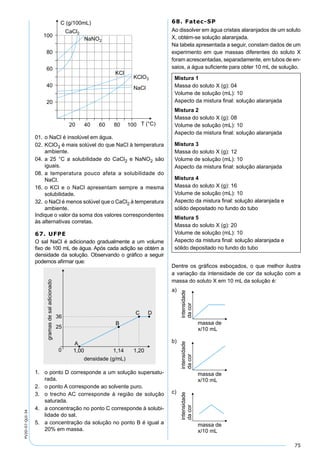 75
PV2D-07-QUI-34
01. o NaCl é insolúvel em água.
02. KClO3 é mais solúvel do que NaCl à temperatura
ambiente.
04. a 25 °C a solubilidade do CaCl2 e NaNO2 são
iguais.
08. a temperatura pouco afeta a solubilidade do
NaCl.
16. o KCl e o NaCl apresentam sempre a mesma
solubilidade.
32. o NaCl é menos solúvel que o CaCl2 à temperatura
ambiente.
Indique o valor da soma dos valores correspondentes
às alternativas corretas.
67. UFPE
O sal NaCl é adicionado gradualmente a um volume
ﬁxo de 100 mL de água. Após cada adição se obtém a
densidade da solução. Observando o gráﬁco a seguir
podemos aﬁrmar que:
1. o ponto D corresponde a um solução supersatu-
rada.
2. o ponto A corresponde ao solvente puro.
3. o trecho AC corresponde à região de solução
saturada.
4. a concentração no ponto C corresponde à solubi-
lidade do sal.
5. a concentração da solução no ponto B é igual a
20% em massa.
68. Fatec-SP
Ao dissolver em água cristais alaranjados de um soluto
X, obtém-se solução alaranjada.
Na tabela apresentada a seguir, constam dados de um
experimento em que massas diferentes do soluto X
foram acrescentadas, separadamente, em tubos de en-
saios, a água suﬁciente para obter 10 mL de solução.
Mistura 1
Massa do soluto X (g): 04
Volume de solução (mL): 10
Aspecto da mistura ﬁnal: solução alaranjada
Mistura 2
Massa do soluto X (g): 08
Volume de solução (mL): 10
Aspecto da mistura ﬁnal: solução alaranjada
Mistura 3
Massa do soluto X (g): 12
Volume de solução (mL): 10
Aspecto da mistura ﬁnal: solução alaranjada
Mistura 4
Massa do soluto X (g): 16
Volume de solução (mL): 10
Aspecto da mistura ﬁnal: solução alaranjada e
sólido depositado no fundo do tubo
Mistura 5
Massa do soluto X (g): 20
Volume de solução (mL): 10
Aspecto da mistura ﬁnal: solução alaranjada e
sólido depositado no fundo do tubo
Dentre os gráﬁcos esboçados, o que melhor ilustra
a variação da intensidade de cor da solução com a
massa do soluto X em 10 mL da solução é:
 