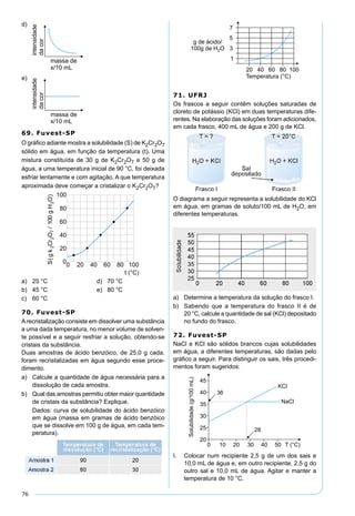 76
69. Fuvest-SP
O gráﬁco adiante mostra a solubilidade (S) de K2Cr2O7
sólido em água, em função da temperatura (t). Uma
mistura constituída de 30 g de K2Cr2O7 e 50 g de
água, a uma temperatura inicial de 90 °C, foi deixada
esfriar lentamente e com agitação. A que temperatura
aproximada deve começar a cristalizar o K2Cr2O7?
a) 25 °C d) 70 °C
b) 45 °C e) 80 °C
c) 60 °C
70. Fuvest-SP
Arecristalização consiste em dissolver uma substância
a uma dada temperatura, no menor volume de solven-
te possível e a seguir resfriar a solução, obtendo-se
cristais da substância.
Duas amostras de ácido benzóico, de 25,0 g cada,
foram recristalizadas em água segundo esse proce-
dimento.
a) Calcule a quantidade de água necessária para a
dissolução de cada amostra.
b) Qual das amostras permitiu obter maior quantidade
de cristais da substância? Explique.
Dados: curva de solubilidade do ácido benzóico
em água (massa em gramas de ácido benzóico
que se dissolve em 100 g de água, em cada tem-
peratura).
71. UFRJ
Os frascos a seguir contêm soluções saturadas de
cloreto de potássio (KCl) em duas temperaturas dife-
rentes. Na elaboração das soluções foram adicionados,
em cada frasco, 400 mL de água e 200 g de KCl.
O diagrama a seguir representa a solubilidade do KCl
em água, em gramas de soluto/100 mL de H2O, em
diferentes temperaturas.
a) Determine a temperatura da solução do frasco I.
b) Sabendo que a temperatura do frasco II é de
20 °C, calcule a quantidade de sal (KCl) depositado
no fundo do frasco.
72. Fuvest-SP
NaCl e KCl são sólidos brancos cujas solubilidades
em água, a diferentes temperaturas, são dadas pelo
gráﬁco a seguir. Para distinguir os sais, três procedi-
mentos foram sugeridos:
I. Colocar num recipiente 2,5 g de um dos sais e
10,0 mL de água e, em outro recipiente, 2,5 g do
outro sal e 10,0 mL de água. Agitar e manter a
temperatura de 10 °C.
 
