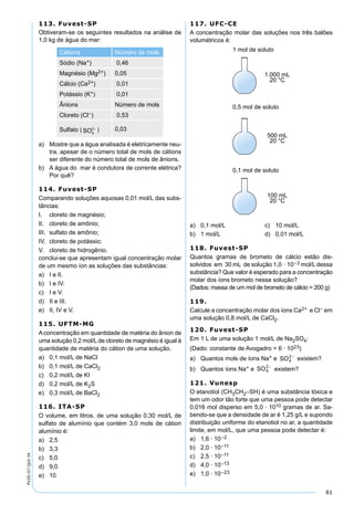 81
PV2D-07-QUI-34
113. Fuvest-SP
Obtiveram-se os seguintes resultados na análise de
1,0 kg de água do mar:
Cátions Número de mols
Sódio (Na+) 0,46
Magnésio (Mg2+) 0,05
Cálcio (Ca2+) 0,01
Potássio (K+) 0,01
Ânions Número de mols
Cloreto (Cl–) 0,53
Sulfato ( SO4
2− ) 0,03
a) Mostre que a água analisada é eletricamente neu-
tra, apesar de o número total de mols de cátions
ser diferente do número total de mols de ânions.
b) A água do mar é condutora de corrente elétrica?
Por quê?
114. Fuvest-SP
Comparando soluções aquosas 0,01 mol/L das subs-
tâncias:
I. cloreto de magnésio;
II. cloreto de amônio;
III. sulfato de amônio;
IV. cloreto de potássio;
V. cloreto de hidrogênio.
conclui-se que apresentam igual concentração molar
de um mesmo íon as soluções das substâncias:
a) I e II.
b) I e IV.
c) I e V.
d) II e III.
e) II, IV e V.
115. UFTM-MG
Aconcentração em quantidade de matéria do ânion de
uma solução 0,2 mol/L de cloreto de magnésio é igual à
quantidade de matéria do cátion de uma solução.
a) 0,1 mol/L de NaCl
b) 0,1 mol/L de CaCl2
c) 0,2 mol/L de KI
d) 0,2 mol/L de K2S
e) 0,3 mol/L de BaCl2
116. ITA-SP
O volume, em litros, de uma solução 0,30 mol/L de
sulfato de alumínio que contém 3,0 mols de cátion
alumínio é:
a) 2,5
b) 3,3
c) 5,0
d) 9,0
e) 10
117. UFC-CE
A concentração molar das soluções nos três balões
volumétricos é:
a) 0,1 mol/L c) 10 mol/L
b) 1 mol/L d) 0,01 mol/L
118. Fuvest-SP
Quantos gramas de brometo de cálcio estão dis-
solvidos em 30 mL de solução 1,0 · 10–3 mol/L dessa
substância? Que valor é esperado para a concentração
molar dos íons brometo nessa solução?
(Dados: massa de um mol de brometo de cálcio = 200 g)
119.
Calcule a concentração molar dos íons Ca2+ e Cl– em
uma solução 0,8 mol/L de CaCl2.
120. Fuvest-SP
Em 1 L de uma solução 1 mol/L de Na2SO4:
(Dado: constante de Avogadro = 6 · 1023)
a) Quantos mols de íons Na+ e existem?
b) Quantos íons Na+ e existem?
121. Vunesp
O etanotiol (CH3CH2–SH) é uma substância tóxica e
tem um odor tão forte que uma pessoa pode detectar
0,016 mol disperso em 5,0 · 1010 gramas de ar. Sa-
bendo-se que a densidade de ar é 1,25 g/L e supondo
distribuição uniforme do etanotiol no ar, a quantidade
limite, em mol/L, que uma pessoa pode detectar é:
a) 1,6 · 10–2
b) 2,0 · 10–11
c) 2,5 · 10–11
d) 4,0 · 10–13
e) 1,0 · 10–23
 