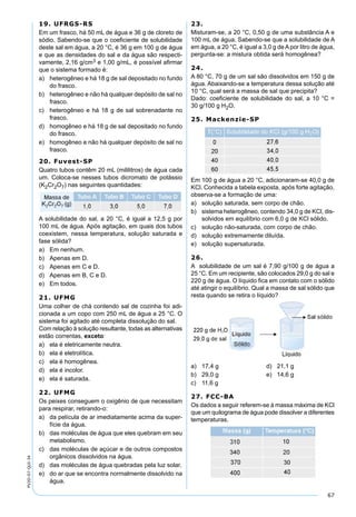 67
PV2D-07-QUI-34
19. UFRGS-RS
Em um frasco, há 50 mL de água e 36 g de cloreto de
sódio. Sabendo-se que o coeﬁciente de solubilidade
deste sal em água, a 20 °C, é 36 g em 100 g de água
e que as densidades do sal e da água são respecti-
vamente, 2,16 g/cm3 e 1,00 g/mL, é possível aﬁrmar
que o sistema formado é:
a) heterogêneo e há 18 g de sal depositado no fundo
do frasco.
b) heterogêneo e não há qualquer depósito de sal no
frasco.
c) heterogêneo e há 18 g de sal sobrenadante no
frasco.
d) homogêneo e há 18 g de sal depositado no fundo
do frasco.
e) homogêneo e não há qualquer depósito de sal no
frasco.
20. Fuvest-SP
Quatro tubos contêm 20 mL (mililitros) de água cada
um. Coloca-se nesses tubos dicromato de potássio
(K2Cr2O7) nas seguintes quantidades:
A solubilidade do sal, a 20 °C, é igual a 12,5 g por
100 mL de água. Após agitação, em quais dos tubos
coexistem, nessa temperatura, solução saturada e
fase sólida?
a) Em nenhum.
b) Apenas em D.
c) Apenas em C e D.
d) Apenas em B, C e D.
e) Em todos.
21. UFMG
Uma colher de chá contendo sal de cozinha foi adi-
cionada a um copo com 250 mL de água a 25 °C. O
sistema foi agitado até completa dissolução do sal.
Com relação à solução resultante, todas as alternativas
estão correntas, exceto:
a) ela é eletricamente neutra.
b) ela é eletrolítica.
c) ela é homogênea.
d) ela é incolor.
e) ela é saturada.
22. UFMG
Os peixes conseguem o oxigênio de que necessitam
para respirar, retirando-o:
a) da película de ar imediatamente acima da super-
fície da água.
b) das moléculas de água que eles quebram em seu
metabolismo.
c) das moléculas de açúcar e de outros compostos
orgânicos dissolvidos na água.
d) das moléculas de água quebradas pela luz solar.
e) do ar que se encontra normalmente dissolvido na
água.
23.
Misturam-se, a 20 °C, 0,50 g de uma substância A e
100 mL de água. Sabendo-se que a solubilidade de A
em água, a 20 °C, é igual a 3,0 g de A por litro de água,
pergunta-se: a mistura obtida será homogênea?
24.
A 80 °C, 70 g de um sal são dissolvidos em 150 g de
água. Abaixando-se a temperatura dessa solução até
10 °C, qual será a massa de sal que precipita?
Dado: coeﬁciente de solubilidade do sal, a 10 °C =
30 g/100 g H2O.
25. Mackenzie-SP
Em 100 g de água a 20 °C, adicionaram-se 40,0 g de
KCl. Conhecida a tabela exposta, após forte agitação,
observa-se a formação de uma:
a) solução saturada, sem corpo de chão.
b) sistema heterogêneo, contendo 34,0 g de KCl, dis-
solvidos em equilíbrio com 6,0 g de KCl sólido.
c) solução não-saturada, com corpo de chão.
d) solução extremamente diluída.
e) solução supersaturada.
26.
A solubilidade de um sal é 7,90 g/100 g de água a
25 °C. Em um recipiente, são colocados 29,0 g do sal e
220 g de água. O líquido ﬁca em contato com o sólido
até atingir o equilíbrio. Qual a massa de sal sólido que
resta quando se retira o líquido?
a) 17,4 g d) 21,1 g
b) 29,0 g e) 14,6 g
c) 11,6 g
27. FCC-BA
Os dados a seguir referem-se à massa máxima de KCl
que um quilograma de água pode dissolver a diferentes
temperaturas.
 