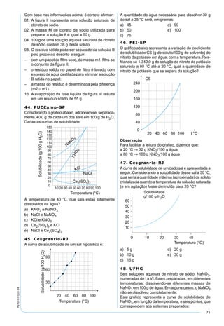71
PV2D-07-QUI-34
Com base nas informações acima, é correto aﬁrmar:
01. A ﬁgura II representa uma solução saturada de
cloreto de sódio.
02. A massa M de cloreto de sódio utilizada para
preparar a solução A é igual a 50 g.
04. 100 g de uma solução aquosa saturada de cloreto
de sódio contêm 36 g deste soluto.
08. O resíduo sólido pode ser separado da solução B
pelo processo descrito a seguir:
– com um papel de ﬁltro seco, de massa m1, ﬁltra-se
o conjunto da ﬁgura II;
– o resíduo sólido no papel de ﬁltro é lavado com
excesso de água destilada para eliminar a solução
B retida no papel;
– a massa do resíduo é determinada pela diferença
(m2 – m1).
16. A evaporação da fase líquida da ﬁgura III resulta
em um resíduo sólido de 55 g.
44. PUCCamp-SP
Considerando o gráﬁco abaixo, adicionam-se, separada-
mente, 40,0 g de cada um dos sais em 100 g de H2O.
Dadas as curvas de solubilidade:
À temperatura de 40 °C, que sais estão totalmente
dissolvidos na água?
a) KNO3 e NaNO3
b) NaCl e NaNO3
c) KCl e KNO3
d) Ce2(SO4)3 e KCl
e) NaCl e Ce2(SO4)3
45. Cesgranrio-RJ
A curva de solubilidade de um sal hipotético é:
A quantidade de água necessária para dissolver 30 g
do sal a 35 °C será, em gramas:
a) 45 d) 90
b) 50 e) 100
c) 75
46. FEI-SP
O gráﬁco abaixo representa a variação do coeﬁciente
de solubilidade CS (g de soluto/100 g de solvente) do
nitrato de potássio em água, com a temperatura. Res-
friando-se 1.340,0 g de solução de nitrato de potássio
saturada a 80 °C até a 20 °C, qual a quantidade de
nitrato de potássio que se separa da solução?
Observação
Para facilitar a leitura do gráﬁco, dizemos que:
a 20 °C → 32 g KNO3/100 g água
a 80 °C → 168 g KNO3/100 g água
47. Cesgranrio-RJ
Acurva de solubilidade de um dado sal é apresentada a
seguir. Considerando a solubilidade desse sal a 30 °C,
qual seria a quantidade máxima (aproximada) de soluto
cristalizada quando a temperatura da solução saturada
(e em agitação) fosse diminuída para 20 °C?
a) 5 g d) 20 g
b) 10 g e) 30 g
c) 15 g
48. UFMG
Seis soluções aquosas de nitrato de sódio, NaNO3,
numeradas de I a VI, foram preparadas, em diferentes
temperaturas, dissolvendo-se diferentes massas de
NaNO3 em 100 g de água. Em alguns casos, o NaNO3
não se dissolveu completamente.
Este gráﬁco representa a curva de solubilidade de
NaNO3, em função da temperatura, e seis pontos, que
correspondem aos sistemas preparados:
 