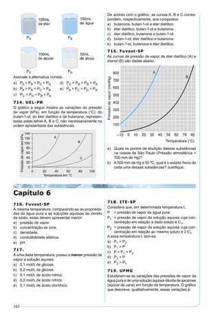 162
Assinale a alternativa correta.
a) PA > PB > PC > PD d) PC < PB > PB > PA
b) PA = PB = PC > PB e) PA > PC = PD > PB
c) PC = PD > PB > PA
714. UEL-PR
O gráﬁco a seguir mostra as variações de pressão
de vapor (kPa), em função da temperatura (°C), do
butan-1-ol, do éter dietílico e da butanona, represen-
tadas pelas letras A, B e C, não necessariamente na
ordem apresentada das substâncias.
De acordo com o gráﬁco, as curvas A, B e C corres-
pondem, respectivamente, aos compostos:
a) butanona, butan-1-ol e éter dietílico.
b) éter dietílico, butan-1-ol e butanona.
c) éter dietílico, butanona e butan-1-ol.
d) butan-1-ol, éter dietílico e butanona.
e) butan-1-ol, butanona e éter dietílico.
715. Fuvest-SP
As curvas de pressão de vapor de éter dietílico (A) e
etanol (B) são dadas abaixo.
a) Quais os pontos de ebulição dessas substâncias
na cidade de São Paulo (Pressão atmosférica =
700 mm de Hg)?
b) A 500 mm de Hg e 50 ºC, qual é o estado físico de
cada uma dessas substâncias? Justiﬁque.
Capítulo 6
716. Fuvest-SP
À mesma temperatura, comparando-se as proprieda-
des da água pura e as soluções aquosas de cloreto
de sódio, estas devem apresentar menor:
a) pressão de vapor.
b) concentração de íons.
c) densidade.
d) condutibilidade elétrica.
e) pH.
717.
A uma dada temperatura, possui a menor pressão de
vapor a solução aquosa:
a) 0,1 mol/L de glicose.
b) 0,2 mol/L de glicose.
c) 0,1 mol/L de ácido nítrico.
d) 0,2 mol/L de ácido nítrico.
e) 0,1 mol/L de ácido clorídrico.
718. ITE-SP
Considere que, em determinada temperatura t,
P = pressão de vapor da água pura;
P1 = pressão de vapor da solução aquosa cuja con-
centração em relação a dado soluto é C1;
P2 = pressão de vapor da solução aquosa cuja con-
centração em relação ao mesmo soluto é 2 C1.
A essa temperatura t, tem-se:
a) P1 > P2
b) P1 > P
c) P = P1 = P2
d) P2 > P
e) P2 > P1
719. UFMG
Estudaram-se as variações das pressões de vapor da
água pura e de uma solução aquosa diluída de sacarose
(açúcar de cana) em função da temperatura. O gráﬁco
que descreve, qualitativamente, essas variações é:
 