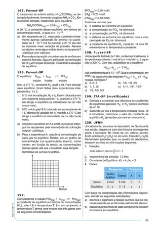 65
PV2D-06-QUI-44
195. Fuvest-SP
O carbamato de amônio sólido, NH4OCONH2, se de-
compõe facilmente, formando os gases NH3 e CO2. Em
recipiente fechado, estabelece-se o equilíbrio:
NH4OCONH2(s) ↔ 2 NH3(g) + CO2(g)
A 20 °C, a constante desse equilíbrio, em termos de
concentração mol/L, é igual a 4 · 10–9.
a) Um recipiente de 2 L, evacuado, contendo inicial-
mente apenas carbamato de amônio na quanti-
dade de 4 · 10–3 mol foi mantido a 20 °C até não
se observar mais variação de pressão. Nessas
condições, resta algum sólido dentro do recipiente?
Justiﬁque com cálculos.
b) Para a decomposição do carbamato de amônio em
sistema fechado, faça um gráﬁco da concentração
de NH3 em função do tempo, mostrando a situação
de equilíbrio.
196. Fuvest-SP
O equilíbrio H I HI
Incolor Violeta Incolor
g g g2 2 2( ) ( ) ( )+ 
tem, a 370 °C, constante KC igual a 64. Para estudar
esse equilíbrio, foram feitas duas experiências inde-
pendentes, 1 e 2:
1. 0,10 mol de cada gás, H2 e I2, foram colocados em
um recipiente adequado de 1 L, mantido a 370 °C
até atingir o equilíbrio (a intensidade da cor não
muda mais).
2. 0,20 mol do gás HI foi colocado em um recipiente de
1 L, idêntico ao utilizado emA, mantido a 370 °C até
atingir o equilíbrio (a intensidade da cor não muda
mais).
a) Atingido o equilíbrio emAe em B, é possível distin-
guir os recipientes pela intensidade da coloração
violeta? Justiﬁque.
b) Para a experiência A, calcule a concentração de
cada gás no equilíbrio. Mostre, em um gráﬁco de
concentração (no quadriculado abaixo), como
variam, em função do tempo, as concentrações
desses gases até que o equilíbrio seja atingido.
Identiﬁque as curvas no gráﬁco.
197.
Considerando a reação PCl3(g) + Cl2(g) S PCl3(g),
a constante de equilíbrio em termos de concentração
(Kc), vale 1,8 à temperatura T. Em um recipiente, à
temperatura T, temos uma mistura dos três gases com
as seguintes concentrações:
[PCl3(g)] = 0,20 mol/L
[Cl2] = 0,25 mol/L
[PCl5(g)] = 0,50 mol/L
Podemos concluir que:
a) o sistema se encontra em equilíbrio.
b) a concentração de PCl5 irá diminuirá.
c) a concentração de PCl3 irá diminuirá.
d) o sistema se encontra em equilíbrio, mas a con-
centração de Cl2 irá diminuirá.
e) a constante de equilíbrio Kc muda de 1,8 para 10,
mantendo-se à temperatura constante.
198. Fuvest-SP
Um recipiente fechado de 1 litro, contendo inicialmente, à
temperatura ambiente, 1 mol de I2 e 1 mol de H2, é aque-
cido a 300 °C. Com isto, estabelece-se o equilíbrio:
H I HIg gg2 2 2( ) ( )( )
+ 
cujaconstanteéiguala1,0·102.Qualaconcentração,em
mol/L, de cada uma das espécies H I HIg gg2 2( ) ( )( )
+ 
nessas condições?
a) 0, 0, 2 d) 1/6, 1/6, 5/6
b) 1, 1, 10 e) 1/11, 1/11, 10/11
c) 1/6, 1/6, 5/3
199. ITA-SP (modificado)
a) Deduza a expressão que relaciona as constantes
de equilíbrios gasosos “Kp” e “Kc” para o exercício
de nº 19.
b) Sabendo-se que a temperatura indicada no ex. 19
é constante, determine o valor da constante de
equilíbrio Kp (pressões parciais em atmosfera).
200. UFRN
Um estudante, ao entrar no laboratório de Química de
sua escola, depara-se com dois frascos de reagentes
sobre a bancada. No rótulo de um, estava escrito:
Ácido acético (C2H4O2); no do outro, Etanol (C2H6O).
Ele também percebeu que, no quadro do laboratório,
estavam escritas as informações seguintes:
1. Reação:
ácido acético + etanol X Y
k
k
1
2
 →←  +
2. Volume total da solução: 1,0 litro
3. Constante de Equilíbrio: Kc = k1/k2 = 3
4. Dados:
Reagentes Produtos
Ácido
Acético
Etanol X Y
Inicial 2 mol 3 mol 0 0
Equilíbrio 2 – x 3 – 3 x x
Com base na interpretação das informações disponí-
veis, atenda às seguintes solicitações:
a) escreva e balanceie a reação química que se pro-
cessa usando-se as fórmulas estruturais planos;
b) calcule quantos mols de cada componente existem
na mistura em equilíbrio.
 