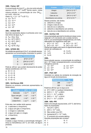 76
280. Fatec-SP
A concentração de íons H+
(aq) de uma certa solução
aquosa é 2,10 . 10–5 mol/L. Sendo assim, nessa
mesma solução, a concentração de íons ,
em mol/L, deve ser:
(Dado: Kw = 1,0 . 1,0–14 a 25 °C.)
a) 5,0 · 10–10
b) 2,0 · 10–10
c) 5,0 · 10–9
d) 5,0 · 10–8
e) 2,0 · 109
281. UCSal-BA
Qual das expressões abaixo é conhecida como “pro-
duto iônico da água, Kw”?
a) Kw = [H2] · [O2]
b) Kw = [H+] / [OH–]
c) Kw = [H+] · [OH–]
d) Kw = [H2O]
e) Kw = [2 H] · [O2]
282. UFSM-RS
As substâncias genéricasA, B e C, em solução aquosa,
apresentam as concentrações mostradas no quadro:
Pode-se aﬁrmar que a ordem decrescente de acidez
dessas substâncias a 25 °C é:
a) B > C > A
b) C > A > B
c) A > C > B
d) C > B > A
e) A > B > C
283. Unifenas-MG
Observe os produtos comerciais apresentados na
tabela abaixo.
Entre eles, tem caráter ácido apenas:
a) o sabonete e o limpa-forno.
b) a água com gás e o limpa-forno.
c) o vinagre e o sabonete.
d) a água com gás e o vinagre.
e) o limpa-forno.
284. UERJ
A tabela a seguir fornece a concentração hidrogeni-
ônica ou hidroxiliônica a 25 °C, em mol/L, de alguns
produtos.
Desses produtos, são ácidos:
a) cafezinho e vinagre.
b) vinagre e clara de ovo.
c) clara de ovo e cafezinho.
d) cafezinho e desinfetante com amônia.
e) clara de ovo e desinfetante com amônia.
285. Unifor-CE
Uma propriedade agrícola foi dividida em áreas nume-
radas de I a IV, de acordo com a acidez da terra.
A 25 °C, as concentrações hidrogeniônicas, em mol/L,
detectadas nos respectivos solos são:
I. [H+] = 1,0 · 10–6 III. [H+] = 1,0 · 10–7
II. [H+] = 2,0 · 10–6 IV. [H+] = 2,0 · 10–8
Plantas que exigem solo neutro ou ligeiramente básico
devem ser cultivadas em:
a) I e II. d) II e IV.
b) I e III. e) III e IV.
c) II e III.
286.
Numa solução aquosa, a concentração de oxidrilas é
de 4 · 10-5 molar; conseqüentemente, a concentração
hidrogênica será de:
a) 1,0 · 10-9 d) 2,5 · 10-10
b) 2,5 · 10-9 e) 4,0 · 10-10
c) 4,0 · 10-9
287. PUC-SP
Considere os valores da constante de ionização da
água em função da temperatura.
Podemos aﬁrmar que na água pura:
a) [H+] = [OH–], a qualquer temperatura.
b) [OH–] > 1 · 10–7, a 298 K
c) [H+] < 1 · 10–7, a 298 K
d) [OH–] < 1 · 10–7, a 323 K
e) [H+] < 1 · 10–7, a 323 K
288. UEL-PR
Sobre uma solução aquosa ácida, a 25 °C, são formu-
ladas as proposições:
I. Tem [H+] > [OH–].
II. [OH–] > 10–7 mol/L.
III. Não contém íons OH–.
IV. Apresenta [H+] > 10–7 mol/L.
V. É condutora da corrente elétrica.
Quantas proposições são corretas?
a) 1 d) 4
b) 2 e) 5
c) 3
 