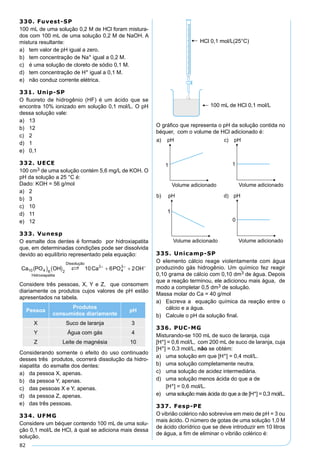 82
330. Fuvest-SP
100 mL de uma solução 0,2 M de HCl foram mistura-
dos com 100 mL de uma solução 0,2 M de NaOH. A
mistura resultante:
a) tem valor de pH igual a zero.
b) tem concentração de Na+ igual a 0,2 M.
c) é uma solução de cloreto de sódio 0,1 M.
d) tem concentração de H+ igual a 0,1 M.
e) não conduz corrente elétrica.
331. Unip-SP
O ﬂuoreto de hidrogênio (HF) é um ácido que se
encontra 10% ionizado em solução 0,1 mol/L. O pH
dessa solução vale:
a) 13
b) 12
c) 2
d) 1
e) 0,1
332. UECE
100 cm3 de uma solução contém 5,6 mg/L de KOH. O
pH da solução a 25 °C é:
Dado: KOH = 56 g/mol
a) 2
b) 3
c) 10
d) 11
e) 12
333. Vunesp
O esmalte dos dentes é formado por hidroxiapatita
que, em determinadas condições pode ser dissolvida
devido ao equilíbrio representado pela equação:
Considere três pessoas, X, Y e Z, que consomem
diariamente os produtos cujos valores de pH estão
apresentados na tabela.
Pessoa
Produtos
consumidos diariamente
pH
X Suco de laranja 3
Y Água com gás 4
Z Leite de magnésia 10
Considerando somente o efeito do uso continuado
desses três produtos, ocorrerá dissolução da hidro-
xiapatita do esmalte dos dentes:
a) da pessoa X, apenas.
b) da pessoa Y, apenas.
c) das pessoas X e Y, apenas.
d) da pessoa Z, apenas.
e) das três pessoas.
334. UFMG
Considere um béquer contendo 100 mL de uma solu-
ção 0,1 mol/L de HCl, à qual se adiciona mais dessa
solução.
O gráﬁco que representa o pH da solução contida no
béquer, com o volume de HCl adicionado é:
335. Unicamp-SP
O elemento cálcio reage violentamente com água
produzindo gás hidrogênio. Um químico fez reagir
0,10 grama de cálcio com 0,10 dm3 de água. Depois
que a reação terminou, ele adicionou mais água, de
modo a completar 0,5 dm3 de solução.
Massa molar do Ca = 40 g/mol
a) Escreva a equação química da reação entre o
cálcio e a água.
b) Calcule o pH da solução ﬁnal.
336. PUC-MG
Misturando-se 100 mL de suco de laranja, cuja
[H+] = 0,6 mol/L, com 200 mL de suco de laranja, cuja
[H+] = 0,3 mol/L, não se obtém:
a) uma solução em que [H+] = 0,4 mol/L.
b) uma solução completamente neutra.
c) uma solução de acidez intermediária.
d) uma solução menos ácida do que a de
[H+] = 0,6 mol/L.
e) uma solução mais ácida do que a de [H+] = 0,3 mol/L.
337. Fesp-PE
O vibrião colérico não sobrevive em meio de pH = 3 ou
mais ácido. O número de gotas de uma solução 1,0 M
de ácido clorídrico que se deve introduzir em 10 litros
de água, a ﬁm de eliminar o vibrião colérico é:
 