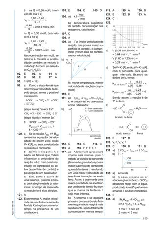 105
PV2D-06-QUI-44
b) na M = 0,60 mol/L (inter-
valo de 0 a 9 s)
Vm =
−
−
=
= = ⋅
0 80 0 40
9 0
0 40
9
0 044
, ,
,
, mol/L min
na M = 0,30 mol/L (intervalo
de 9 a 18 s)
Vm =
−
−
=
= = ⋅
0 40 0 20
18 9
0 20
9
0 022
, ,
,
, mol/L min
A concentração em mol/L se
reduziu à metade e a velo-
cidade também se reduziu à
metade (1a ordem em relação
ao C6H5N2Cl).
92. E 93. A 94. A
95. B 96. E 97. A
98. 18 (02 + 16)
99. a) Como a etapa lenta é que
determina a velocidade da re-
ação global, temos o possível
mecanismo:
3
2
2ClO ClO Cl ClO
ClO ClO
−
+
− − −
− −
→ + +
 
(etapa lenta): “maior Eat”
ClO Cl ClO ClO Cl2 3 2− − − − −
+ + → +
(etapa rápida) “menor Eat”
b) 3 23ClO ClO Cl− − −
→ +
Vglobal = Vetapa lenta =
k · [ClO–]2
100. a) Se a reação A(s) S B(g)
apresenta equação de velo-
cidade de ordem zero, então
V = K[A], ou seja, a velocidade
da reação é constante.
b) Como o reagente A é
sólido, os fatores que podem
influenciar a velocidade da
reação são: temperatura,
estado de agregação do só-
lido (superfície de contato) e
presença de um catalisador.
c) Sim, como o auxílio de
uma balança, quando a mas-
sa deAatingir metade do valor
inicial, o tempo de meia-vida
da reação terá sido atingido.
101. A
102. Experimento A: maior veloci-
dade de reação (concentração
ﬁnal de X atingida num menor
tempo na presença de um
catalisador).
103. E 104. D 105. D
106. a)
b) Temperatura, superfície
de contato, concentração dos
reagentes, catalisador.
107. C
108. A
109. a) I: pó (maior velocidade de
reação, pois possui maior su-
perfície de contato). II: compri-
mido (menor área de contato,
menor velocidade).
b)
III: menor temperatura, menor
velocidade de reação (compri-
mido)
110. E
111. a) C H H C Hg g
M s
g2 2 2 2 62( ) ( )
( )
( )+  →
O M (metal = Ni, Pd ou Pt) atua
como catalisador.
b)
112. C 113. C 114. C
115. A 116. F, F, F, F, F
117. a) A lanterna II apresentará
chama mais intensa, pois o
estado de divisão do carbureto
(ﬁnamente granulado) possui
maior superfície de contato do
que o da lanterna I, resultando
em uma maior velocidade da
reação de formação de aceti-
leno.Assim, a queima de uma
maior quantidade de acetileno
por unidade de tempo faz com
que a chama da lanterna II
seja mais intensa.
b) A lanterna II se apagará
primeiro, pois o carbureto ﬁna-
mente granulado reagirá mais
rapidamente, sendo totalmente
consumido em menos tempo.
118. A 119. A 120. D
121. B 122. B 123. A
124. C
125.
a)
b) V (0,25 a 0,50 min) =
= 0,64 mol · L–1 · min–1
V (1,00 a 1,25 min) =
= 0,24 mol · L–1 · min–1
c) SeV=K·[A],então∆V=K�∆[A],
com K constante para qual-
quer intervalo. Usando os
dados de b, temos:
K
A
K
V
A
( , , )
( , , )
[ ]
,
,
[ ]
,
,
0 25 0 50
100 125
0 64
0 16
4
0 24
0 06
−
−
= = =
= = =
∆
∆
∆
∆
44
Sendo assim, a reação é de
1a ordem.
d)
126. B 127. D
128. V, F, V, V, F
129. C 130. B 131. B
132. a) 2 1 22 2CO O COg g g( ) ( ) ( )+ 
b)
133. a) Amarela
b) A água exposta ao ar
absorve gás carbônico. O CO2
absorvido reage com a água,
produzindo íons H+ que tornam
amarelo o azul de bromotimol.
134. E
135. a) 1 1
2 3 2
2 4 2
2 2
N H NO
H O N
g g
v g
( ) ( )
( ) ( )/
+
+


1 mol + 1 mol 
2 mols +1,5 mol
 