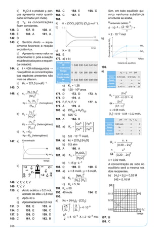 106
b) H2O é o produto y, por-
que apresenta maior quanti-
dade formada (em mols).
c) T6: as concentrações
ﬁcam constantes.
136. C 137. B 138. A
139. E 140. A 141. A
142. D
143. a) Sentido direto → aque-
cimento favorece a reação
endotérmica.
b) Apresenta menor valor no
experimento C, pois a reação
está deslocada para a esquer-
da (rosado).
144. a) t = 400 milissegundos →
no equilíbrio as concentrações
das espécies presentes não
mais se alteram.
b) Kc = 321,5 (mol/l)–1
145. D
146. a) K
N N
NH
Kp
P P
P
c
N H
NH
=
[ ]⋅[ ]
[ ]
=
⋅( )
( )
2 2
3
3
2
3
2
2 2
3
;
(homogêneo)
b) K
H
H O
Kp
P
P
c
H
H O
=
[ ]
[ ]
=
( )
( )
2
4
2
4
4
4
2
2
;
(heterogêneo)
c) K O
Kp P
c
O
=
=
2
2
;
(heterogêneo)
147. a)
b)
148. V, F, V, F, V
149. F, V, V
150. a) Ácido acético ≅ 0,2 mol;
acetato de etila ≅ 0,8 mol
b) Após 40 s
c) Aproximadamente 0,8 mol.
151. D 152. E 153. A
154. C 155. E 156. C
157. B 158. D 159. D
160. C 161. D 162. B
163. C 164. E 165. C
166. C 167. E
168.
a) K COCl CO Cl mol L= ⋅ −
[ ]/([ ] [ ])2 2
1
b)
c) K = 16
169. E
170. a) e b)
Fração molar
de
L - isoleucina
1 0,68 0,50 0,44 0,42 0,42
Tempo
(t/103 anos)
0 50 130 200 300 450
Fração molar
de
D-isoleucina
0 0,32 0,50 0,56 0,58 0,58
c) Kc = 1,38
d) 125 · 103 anos
171. D 172. D 173. A
174. D 175. A
176. F, F, V, F, V 177. A
178. A 179. A
180. a) CO(g) e H2O(g)
b) 825 °C
181. A 182. B
183. a) K
Ce Fe
Ce Fe
c =



 ⋅ 






 ⋅ 



+ +
+ +
3 3
4 2
b) 5,0 · 10–13 mol/L
184. a) kc = [CO2] [H2O]
b) 0,5 atm
185. A 186. A
187. a K
H SiO
H O
b K H O H SiO
c
c
)
)
,
=
[ ]
[ ]
⋅[ ] = [ ]
4 4
2
2
2
2
0 012
4 4
  
b) 1,15 g · L–1
188. D 189. D 190. C
191. a) x = 8 mol/L; y = 6 mol/L
b)
a x mol L y mol L
b K
NH
N H
c K
c
c
) / ; /
)
) ,
= =
=
[ ]
[ ]⋅[ ]
=
8 6
5 14
3
2
2 2
c) Kc = 5,14
192. Kc ≅ 50
193. 40 mols 194. C
195.
a) Kc = [NH3]2 · [CO2]
2
2 2
4 10
2
9X
L
X
L





 ⋅





 = ⋅ −
X
X mol
3
9 3
2
4 10 2 10= ⋅ = ⋅− −
Sim, em todo equilíbrio quí-
mico nenhuma substância
envolvida se acaba,
ncarbamato (sólido) =
4 · 10–3 – ( )2 10 3
 
X
   =
= 2 · 10–3 mol
b)
196.
a) H2 + I2 S 2HI
Início 0,10 mol/L 0,10 mol/L 0
Reage x x —
Forma — — 2x
Equilíbrio 0,10 – x 0,10 – x 2x
K
x
x x
x
x
x
I
c =
( )
− ⋅ −
=
( )
−( )
=
[ ] =
2
0 1 0 1
64
2
0 1
0 08
0 1
2
2
2
2
( , ) ( , )
,
,
,
mol/L
00 0 08 0 02− =, , mol/L
2HI S H2 + I2
Início 0,20 mol/L 0 0
Reage 2x — —
Forma — x x
Equilíbrio 0,20 – 2x x x
K
x x
x
x
x
c =
−( )
=
−( )
.
,
,
0 20 2
1
64 0 20 2
2
2
2
x = 0,02 mol/L
A concentração de iodo no
equilíbrio será a mesma nos
dois recipientes.
b) [H2] = [I2] = 0,02 M
[HI] = 0,16 M
197. B
198. C
 