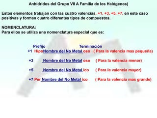 Anhídridos del Grupo VII A Familia de los Halógenos)
Estos elementos trabajan con las cuatro valencias, +1, +3, +5, +7, en este caso
positivas y forman cuatro diferentes tipos de compuestos.
NOMENCLATURA:
Para ellos se utiliza una nomenclatura especial que es:

Prefijo
Terminación
+1 HipoNombre del No Metal oso ( Para la valencia mas pequeña)
+3

Nombre del No Metal oso

( Para la valencia menor)

+5

Nombre del No Metal ico

( Para la valencia mayor)

+7 Per Nombre del No Metal ico

( Para la valencia mas grande)

 