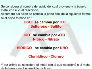 Se considera el nombre del ácido del cual proviene y la base o
metal con el cual reaccionó .
Al nombre del ácido se cambia la parte final de la siguiente forma:
Si el acido termina en :

OSO se cambia por ITO
Sulfuroso - Sulfito
ICO se cambia por ATO
Nítrico - Nitrato
HÍDRICO se cambia por URO
Clorhídirco - Cloruro
Y por último se considera el metal con el que reaccionó o el metal

 