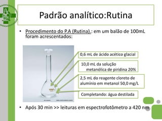 • Procedimento do P.A (Rutina).: em um balão de 100mL
foram acrescentados:
• Após 30 min >> leituras em espectrofotômetro a 420 nm
0,6 mL de ácido acético glacial
10,0 mL da solução
metanólica de piridina 20%
2,5 mL do reagente cloreto de
alumínio em metanol 50,0 mg/L
Completando: água destilada
Padrão analítico:Rutina
 