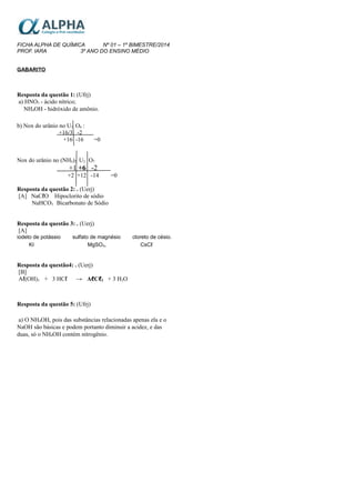 FICHA ALPHA DE QUÍMICA
Nº 01 – 1º BIMESTRE/2014
PROF. IARA
3º ANO DO ENSINO MÉDIO
GABARITO

Resposta da questão 1: (Ufrj)
a) HNO3 - ácido nítrico;
NH4OH - hidróxido de amônio.
b) Nox do urânio no U3 O8 :
+16/3 -2
+16 -16

=0

Nox do urânio no (NH4)2 U2 O7

+1 +6 -2
+2 +12 -14

=0

Resposta da questão 2: . (Uerj)
[A] NaCℓO Hipoclorito de sódio
NaHCO3 Bicarbonato de Sódio
Resposta da questão 3: . (Uerj)
[A]
iodeto de potássio
KI

sulfato de magnésio
MgSO 4,

cloreto de césio.
CsCℓ

Resposta da questão4: . (Uerj)
[B]
Aℓ(OH)3 + 3 HCℓ
→ AℓCℓ3 + 3 H2O

Resposta da questão 5: (Ufrj)
a) O NH4OH, pois das substâncias relacionadas apenas ela e o
NaOH são básicas e podem portanto diminuir a acidez, e das
duas, só o NH4OH contém nitrogênio.

 