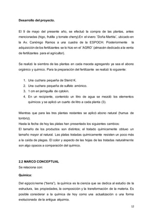 12
Desarrollo del proyecto.
El 9 de mayo del presente año, se efectuó la compra de las plantas, antes
mencionadas (higo, frutilla y tomate cherry).En el vivero ¨Doña Martita¨, ubicado en
la Av. Canónigo Ramos a una cuadra de la ESPOCH. Posteriormente la
adquisición de los fertilizantes se lo hizo en el ¨AGRO¨ (almacén dedicado a la venta
de fertilizantes para el agricultor).
Se realizó la siembra de las plantas en cada maceta agregando ya sea el abono
orgánico y químico. Para la preparación del fertilizante se realizó lo siguiente:
1. Una cuchara pequeña de Sterid K.
2. Una cuchara pequeña de sulfato amónico.
3. 1 cm en jeringuilla de cytokin.
4. En un recipiente, contenido un litro de agua se mezcló los elementos
químicos y se aplicó un cuarto de litro a cada planta (3).
Mientras que para las tres plantas restantes se aplicó abono natural (humus de
lombriz).
Hasta la fecha de hoy las platas han presentado los siguientes cambios:
El tamaño de los productos son distintos; el tratado químicamente obtuvo un
tamaño mayor al natural. Las platas tratadas químicamente resisten un poco más
a la caída de plagas. El color y aspecto de las hojas de las tratadas naturalmente
son algo opacos a comparación del químico.
2.2 MARCO CONCEPTUAL
Se relaciona con:
Química:
Del egipcio keme (“tierra”), la química es la ciencia que se dedica al estudio de la
estructura, las propiedades, la composición y la transformación de la materia. Es
posible considerar a la química de hoy como una actualización o una forma
evolucionada de la antigua alquimia.
 