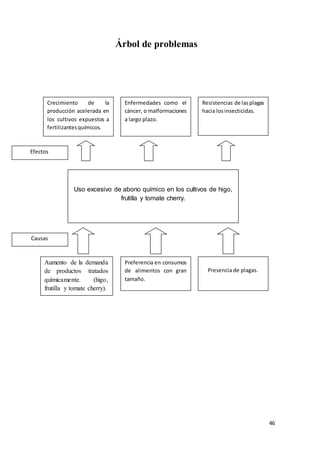 46
Árbol de problemas
Efectos
Causas
Uso excesivo de abono químico en los cultivos de higo,
frutilla y tomate cherry.
Crecimiento de la
producción acelerada en
los cultivos expuestos a
fertilizantesquímicos.
Enfermedades como el
cáncer, o malformaciones
a largo plazo.
Resistencias de lasplagas
hacia losinsecticidas.
Aumento de la demanda
de productos tratados
químicamente. (higo,
frutilla y tomate cherry).
Preferencia en consumos
de alimentos con gran
tamaño.
Presencia de plagas.
 