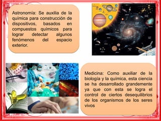 Astronomía: Se auxilia de la
química para construcción de
dispositivos, basados en
compuestos químicos para
lograr detectar algunos
fenómenos del espacio
exterior.
Astronomía: Se auxilia de la
química para construcción de
dispositivos, basados en
compuestos químicos para
lograr detectar algunos
fenómenos del espacio
exterior.
Medicina: Como auxiliar de la
biología y la química, esta ciencia
se ha desarrollado grandemente
ya que con esta se logra el
control de ciertos desequilibrios
de los organismos de los seres
vivos
Medicina: Como auxiliar de la
biología y la química, esta ciencia
se ha desarrollado grandemente
ya que con esta se logra el
control de ciertos desequilibrios
de los organismos de los seres
vivos
 