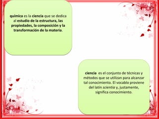 química es la ciencia que se dedica 
al estudio de la estructura, las
propiedades, la composición y la
transformación de la materia.
química es la ciencia que se dedica 
al estudio de la estructura, las
propiedades, la composición y la
transformación de la materia.
ciencia  es el conjunto de técnicas y 
métodos que se utilizan para alcanzar 
tal conocimiento. El vocablo proviene 
del latín scientia y, justamente, 
significa conocimiento.
ciencia  es el conjunto de técnicas y 
métodos que se utilizan para alcanzar 
tal conocimiento. El vocablo proviene 
del latín scientia y, justamente, 
significa conocimiento.
 